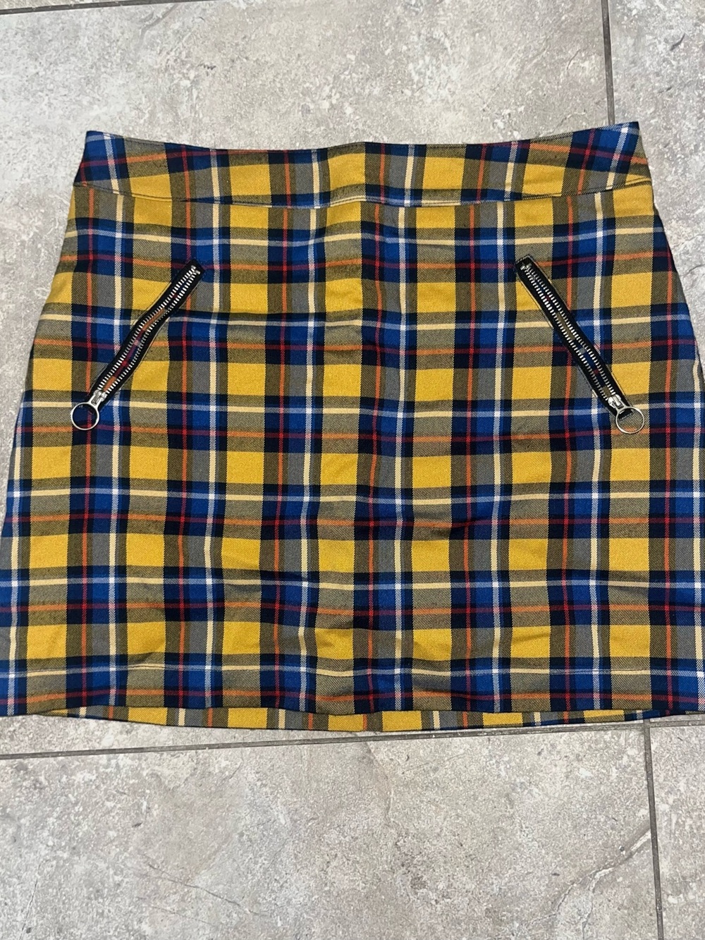 Yellow Plaid Mini Skirt with Zip Pocket Accents